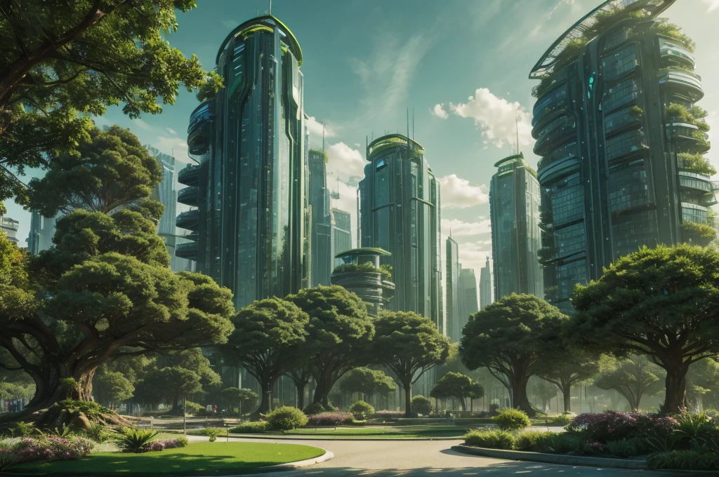 green futuristic city, park, eco plant, utopia, HDR, 4k resolution, tree, plant
