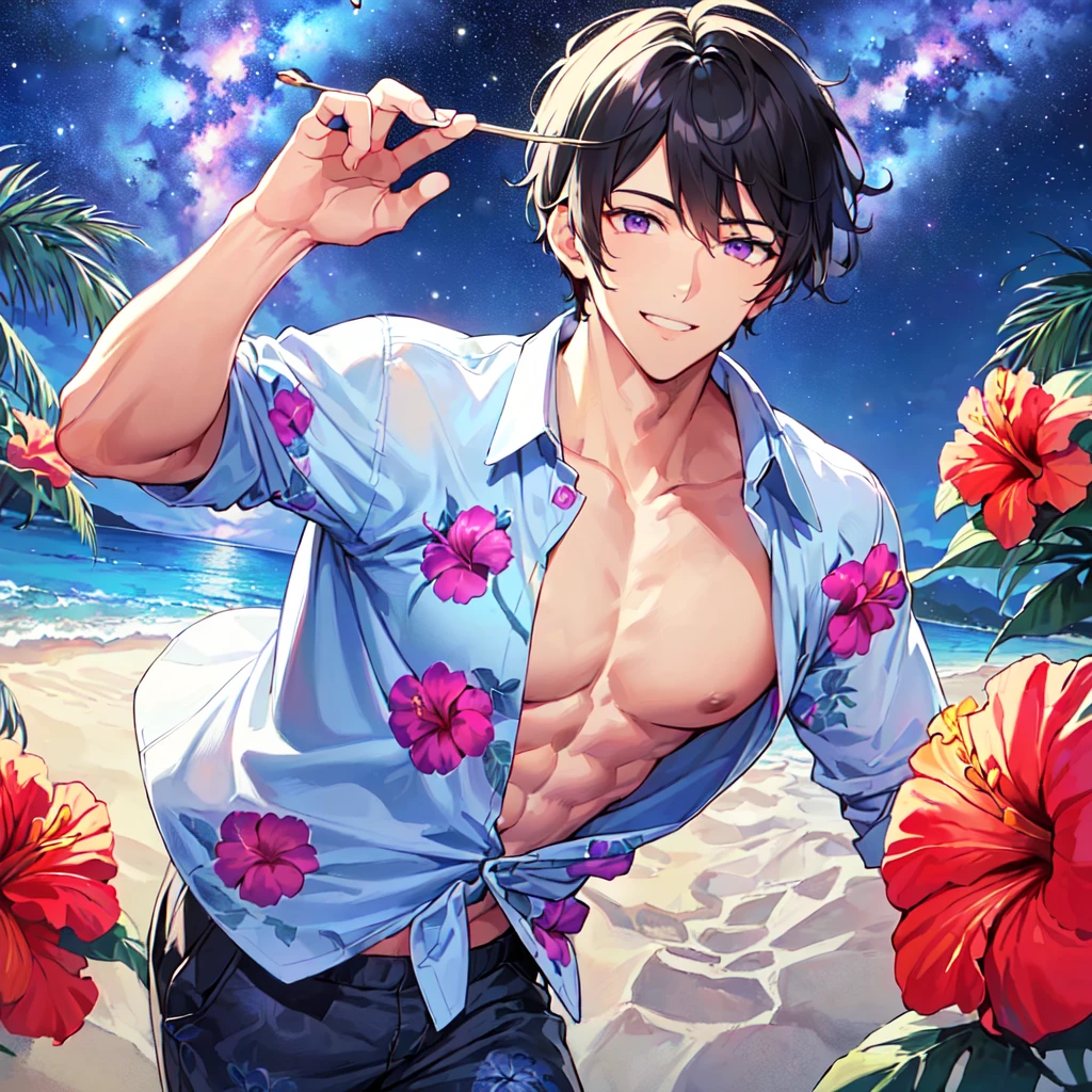 masterpiece,best quality,high quality,extremely detailed,(1male austere handsome one solo adult age 30 years old:1.5),(purple eyes, cool with suspended eyes), body strong and fearless 8.5 head tall and 185cm tall,(well-groomed black hair short hair to neck:1.4), (bangs parted in 7 thirds:1.4), (pectoral and rectus abdominis:1.3), slender nose, facial muscles, (aloha shirt hibiscus print, half pants:1.3), (cool smile:1.3), (running:1.3), (stylish pose), (background tropical and Hibiscus:1.3) , (Milky Way Night Sky: 1.3), (upper body:1.3)