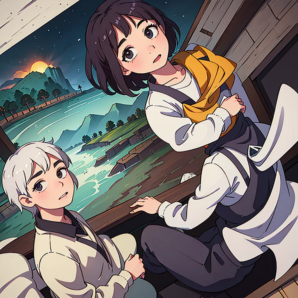 Two young men are studying with a grandfather who has a daughter in a traditional house with a backdrop of mountains, rice fields and rivers