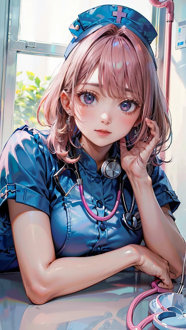 (Masterpiece, BestQuality:1.3), (ultra detailed:1.2), (hyperrealistic:1.3), (RAW photo:1.2), High detail RAW color photo, professional photograph, (Photorealistic:1.4), (realistic:1.4), (Pink Hair:1.5), professional lighting, perfect anatomy, (Big Breasts:1.2), (blush, detailed face), (A happy smile:1.7), sexly, erotic sexly, Random sexy gravure poses, (Beautiful cosplayer wearing a blue nurse uniform、Smiling gently in a hospital room、Posing with a stethoscope。Put a nurse cap on your head、She is wearing white high heels。:1.3)