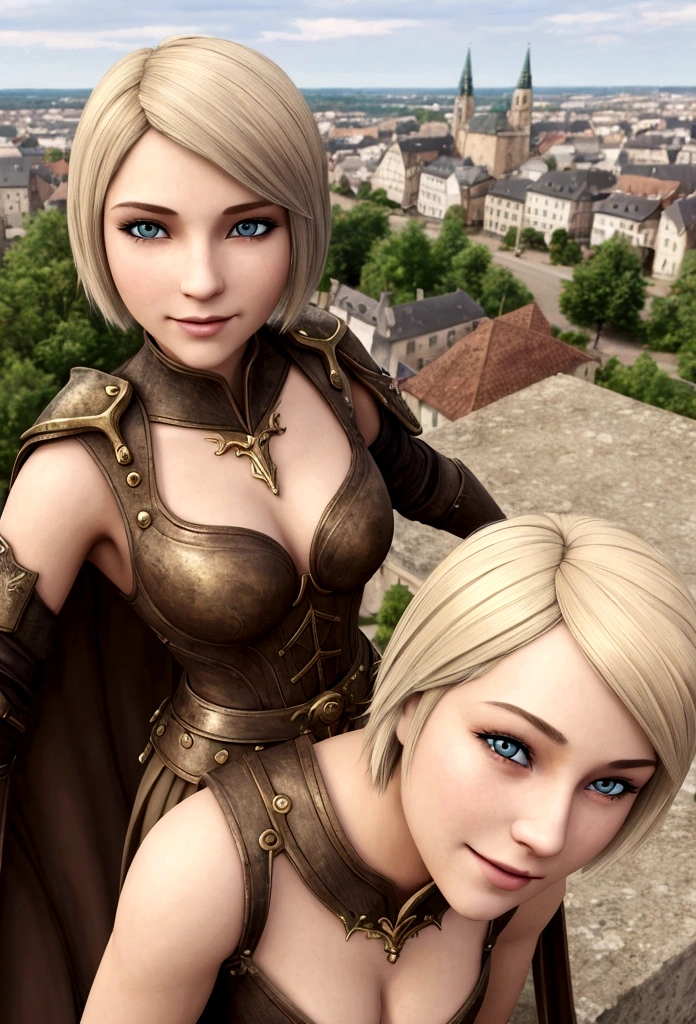 1 girl, european, fantasy, 30 years, she is wearing brown skirt, she has blond bobcut hair, she has grey eyes, she is smiling, town in the background, fantasy, realistic, detailed face, she has one angelic big wing white, flat chest