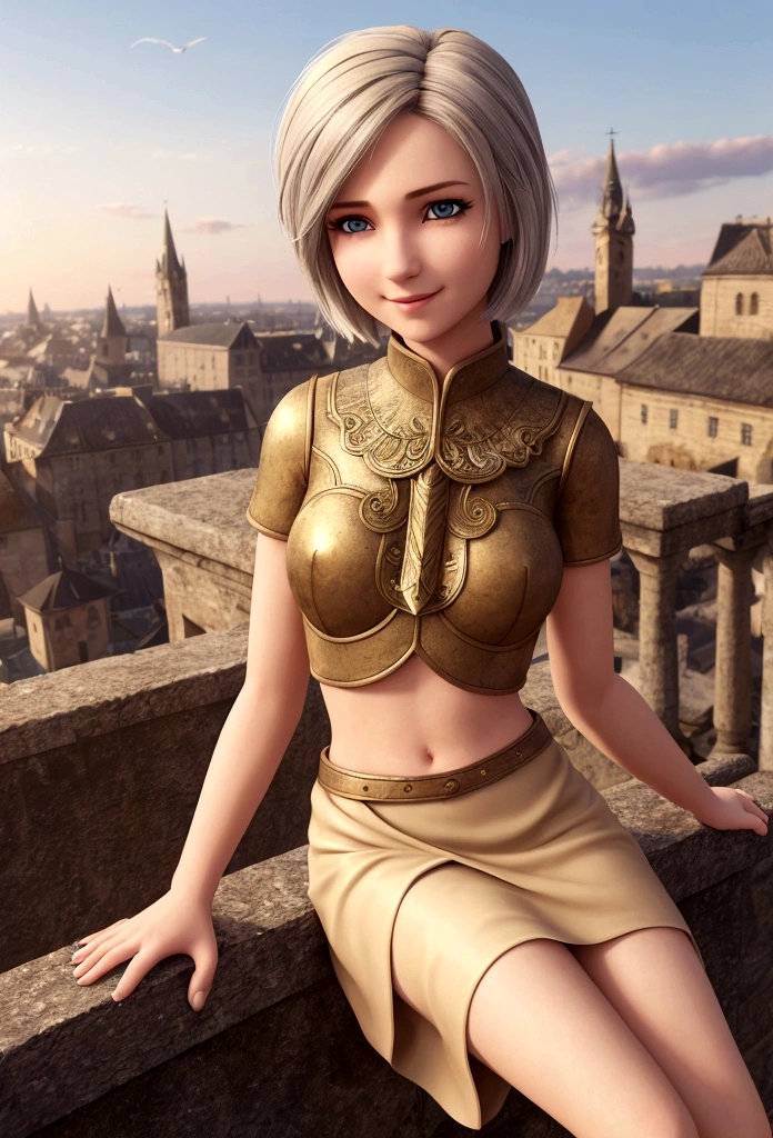 1 girl, european, fantasy, 30 years, she is wearing brown skirt, she has blond bobcut hair, she has grey eyes, she is smiling, town in the background, fantasy, realistic, detailed face, she has one angelic big wing white, flat chest