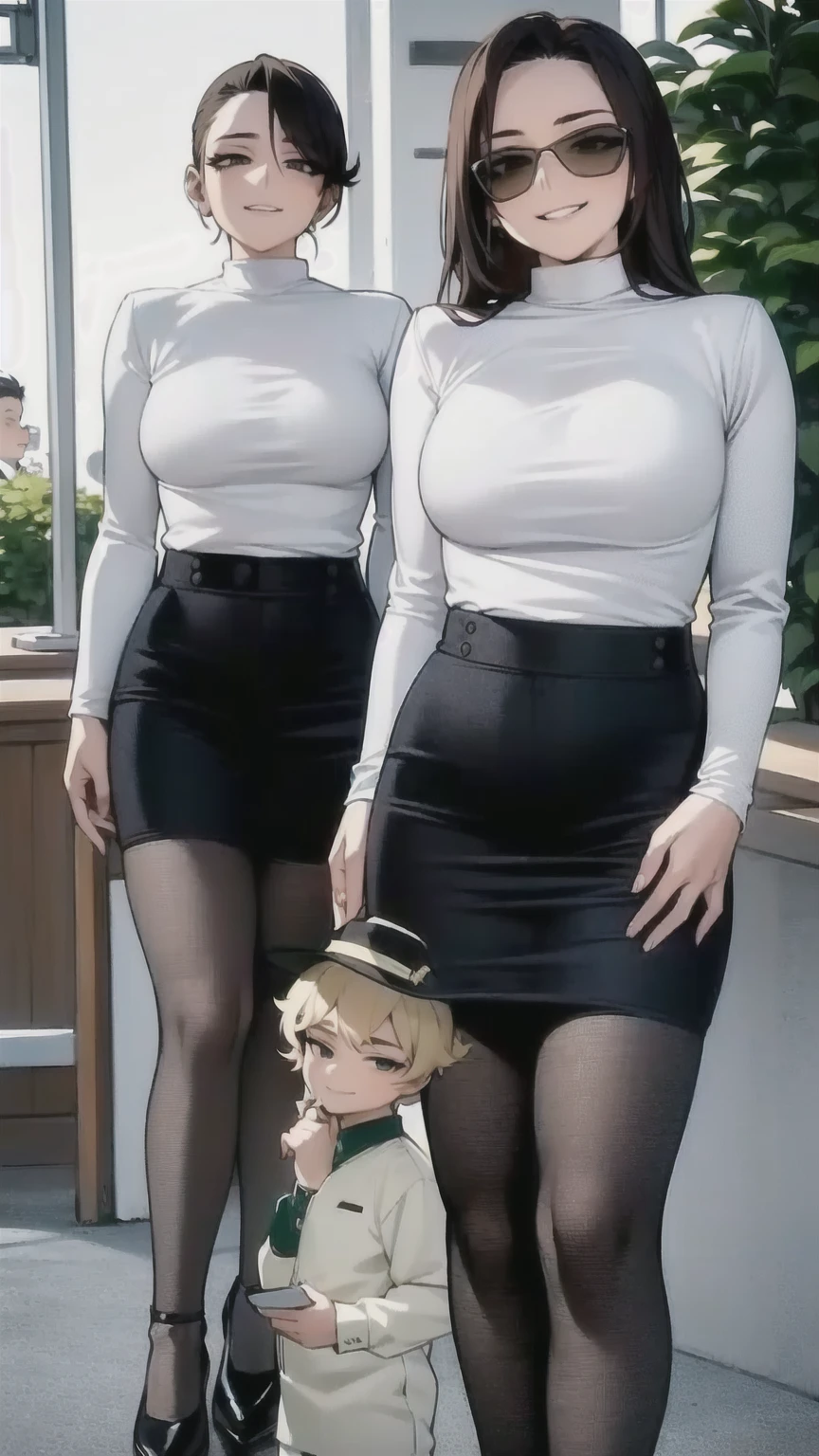 two sexy women looking down at 4 boy with blonde hair, seductive smiles, portrait, various hair, sunglasses, police hats