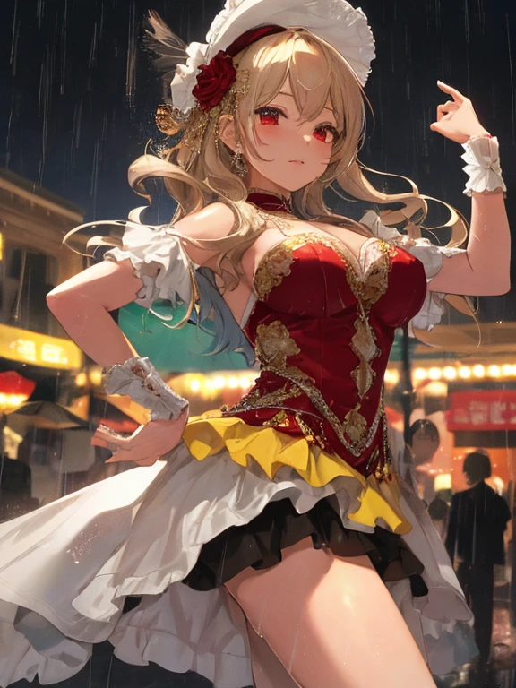 carnival, dance, dance, Rain park at night, alone, 雨中のdance:1.5, uhd, retina, masterpiece, ccurate, anatomically correct, textured skin, super detail, high details, high quality, best quality, highres, 4K