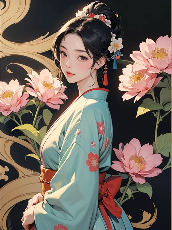 (Highest quality、masterpiece、High resolution、8K)、Ukiyo-e、Vibrant colors、Utamaro、Edo Period、Flowers of Yoshiwara、1 flower kui、Official Art、