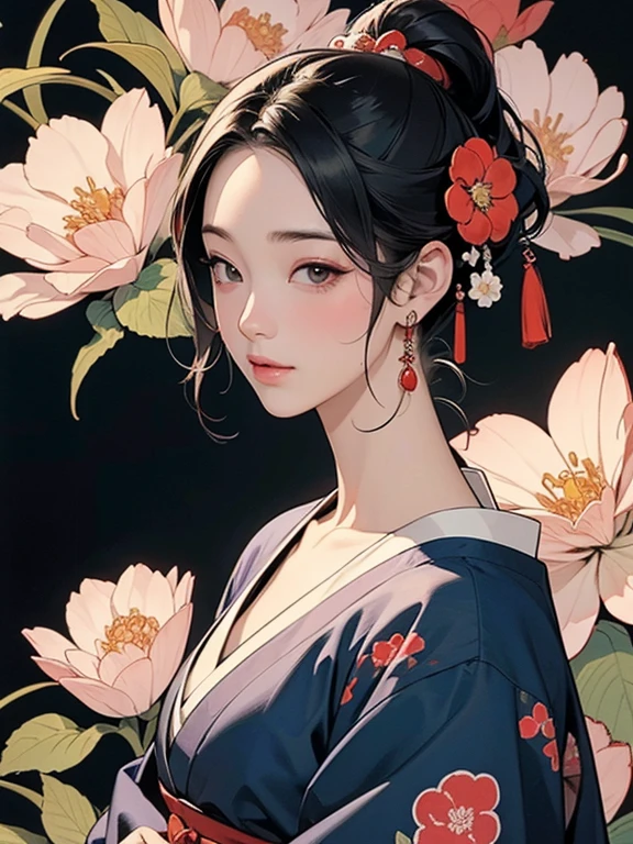 (Highest quality、masterpiece、High resolution、8K)、Ukiyo-e、Vibrant colors、Utamaro、Edo Period、Flowers of Yoshiwara、1 flower kui、Official Art、