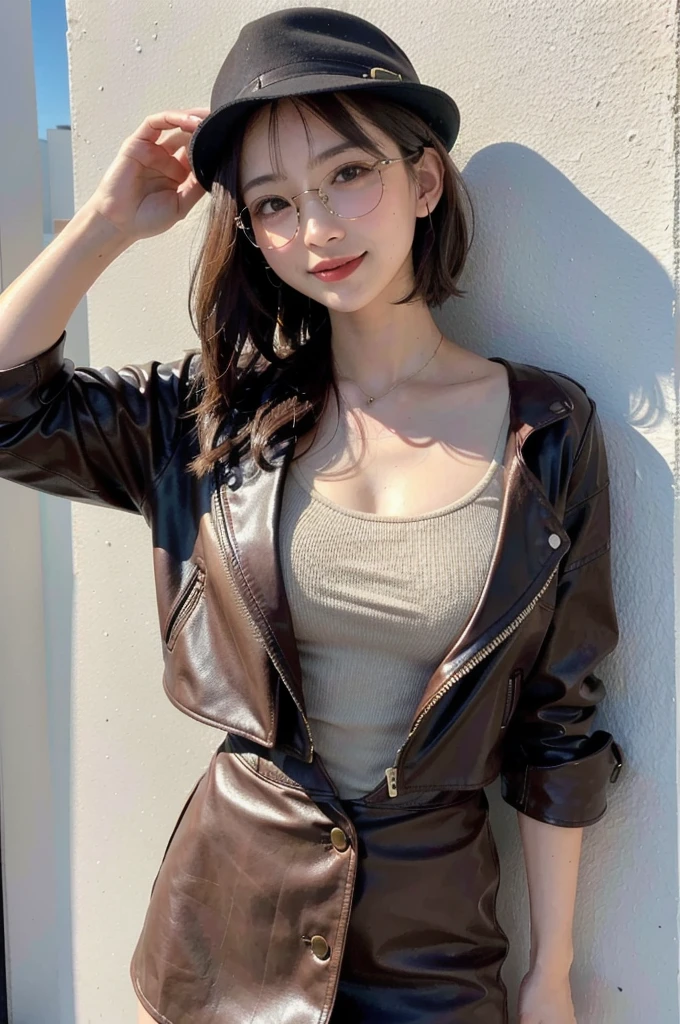 (perfect anatomy:1.2)(absurdres, highres, ultra detailed),masterpiece,best quality,high resolution,8K,Realistic face,Realistic skin texture,magnified textures, 1 girl,Journalist girl, 19 years old,detailed eyes, (Dress like Indiana Jones:1.3).Stylish glasses, tokyo, lively atmosphere, Daytime,confident pose,standing,arms down,black hair,big breasts,upper body,(from front)、(shoot from front)、(Open chest)、Natural Makeup、enjoy, Intelligent smile,Intellectual,look at viewer、prominent eyes、Brown hat、brown leather jacket,brown mini skirt,She's an adventurer、She's an archaeologist