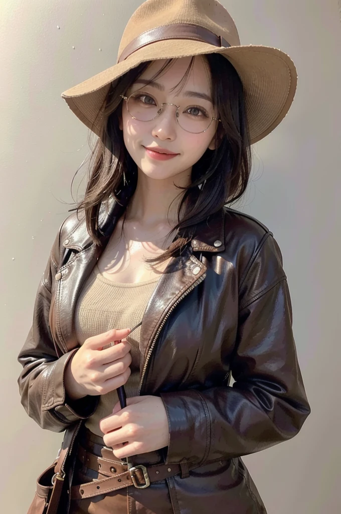 (perfect anatomy:1.2)(absurdres, highres, ultra detailed),masterpiece,best quality,high resolution,8K,Realistic face,Realistic skin texture,magnified textures, 1 girl,Journalist girl, 19 years old,detailed eyes, (Dress like Indiana Jones:1.3).Stylish glasses, tokyo, lively atmosphere, Daytime,confident pose,standing,arms down,black hair,big breasts,upper body,(from front)、(shoot from front)、(Open chest)、Natural Makeup、enjoy, Intelligent smile,Intellectual,look at viewer、prominent eyes、Brown hat、brown leather jacket,brown mini skirt,She's an adventurer、She's an archaeologist
