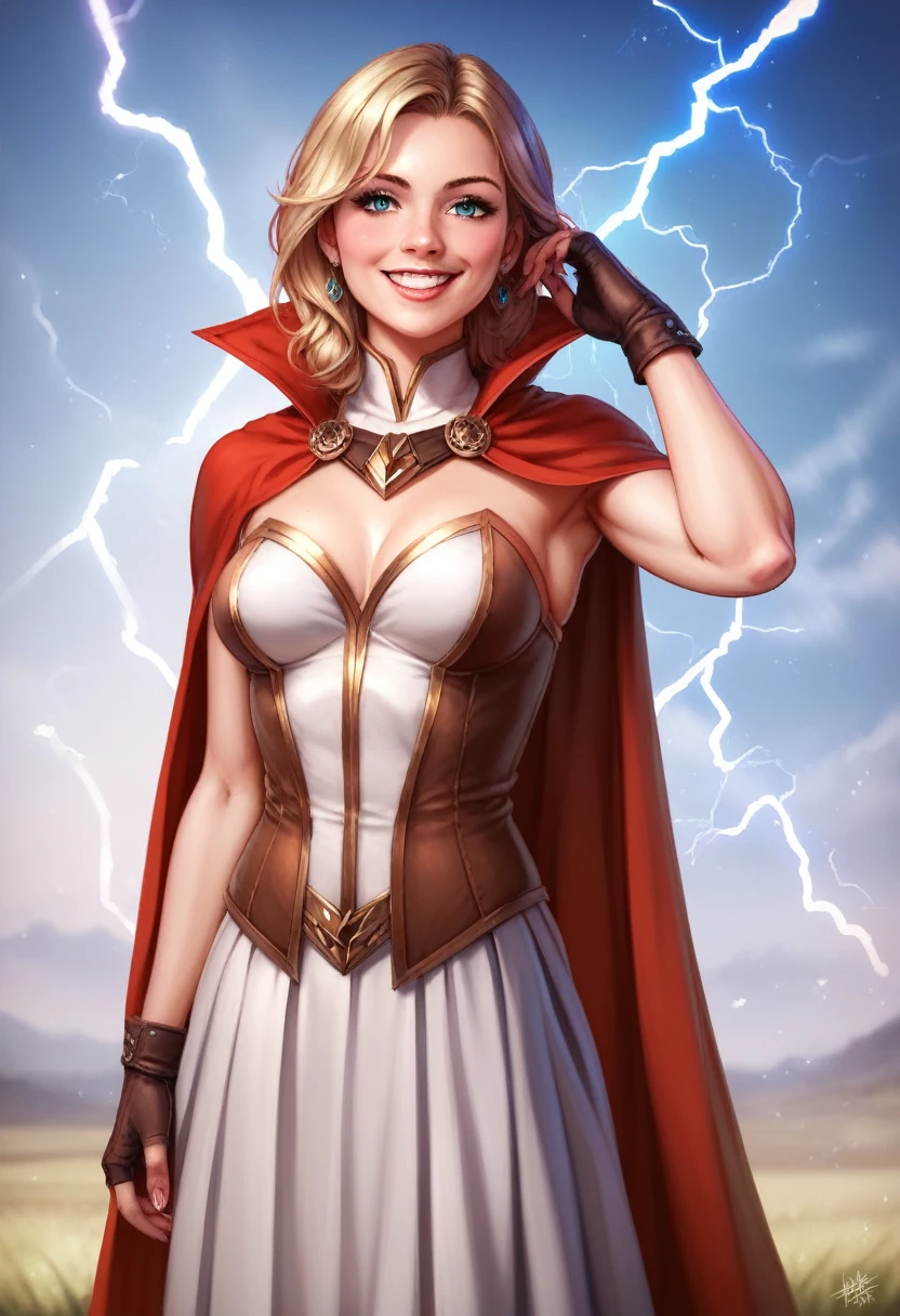 Young female, blonde with short hair, with big, bright blue eyes, wearing a white costume, defined chest, wearing a golden shoulder pad in the shape of an eagle, with a golden chain running across his chest holding a red cape Smiling with blood splash on face and clothes
