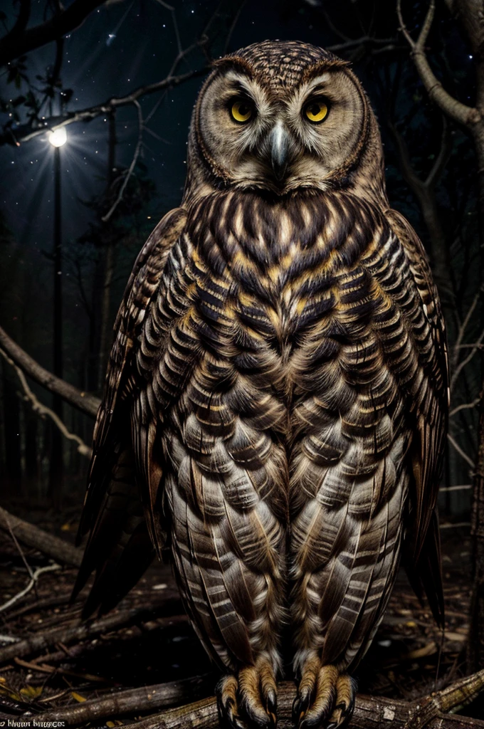A large and powerful owl with dark brown feathers and bright yellow eyes, with fine details of its feathers, sitting on a dry and twisted branch in a dark and mysterious forest, with a background of a starry night sky and a thin mist covering the ground. The light of the full moon shines through the branches and creates mysterious shadows
