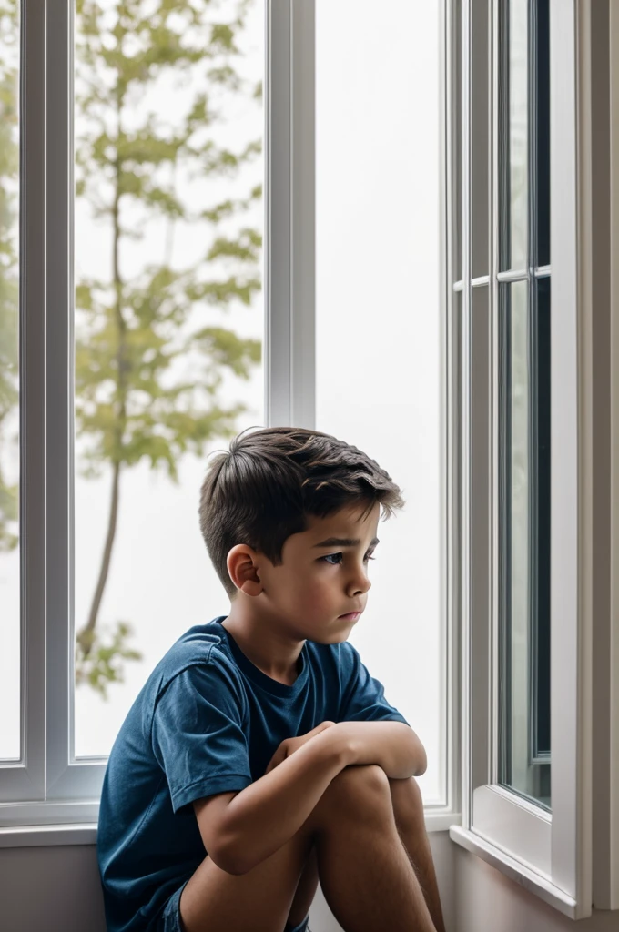 Young boy becoming sad and depressed sitting in front of window