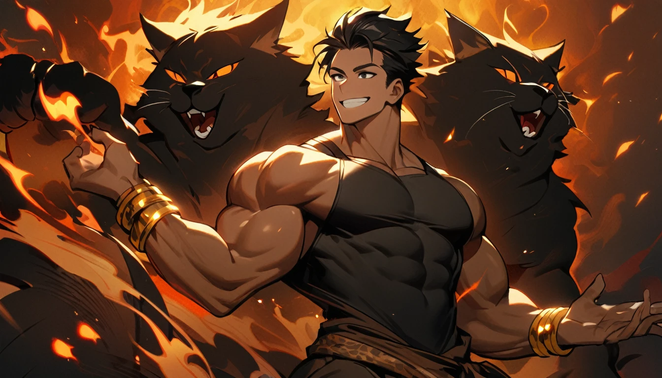 1male , long black hair , golden bracelets , Firey background , smiling, black eyes , adult , muscular build , black cat