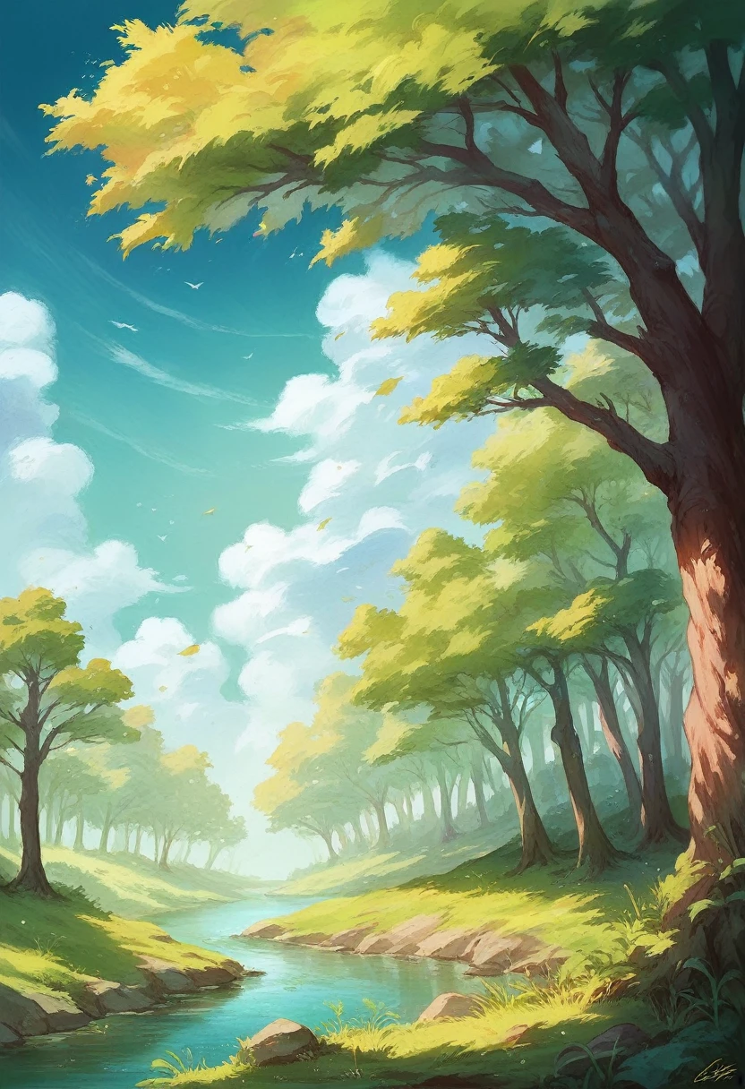 a tree, blue sky background, our world, nature, beautiful, 4k, background, simple, blue and green colours, manhwa, manga, comic, anime, watercolor, colourful, realistic, hyper detailed, beautiful, 8k, (white and light colours)