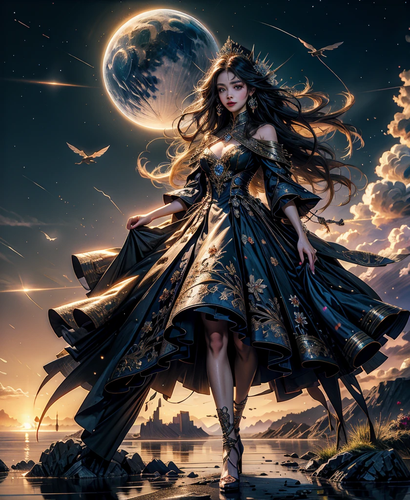 (Extreme HDR) (brightness FX) Photo of an asian woman gigantic Breast 'white skin' with long hair flowing in the wind, wearing a black batik patterned costume, a V-cut strapless corset style batik dress made of carbon patterned satin, a very narrow and stiff V-cut waist decorated with blue jewels, a luxurious long skirt, looks beautiful and stunning, very realistic and detailed, with a royal palace in the background, sitting on a boat, behind it is a blue moon. hyper realistic, hyper detail clothing, Detailed gemstones, masterpiece, best quality:1.2),,(8k,highres,RAW photo,realistic,photo-realistic:1.3),(detailed skin texture,detailed cloth texture, beautiful detailed face:1.25),professional lighting,photon mapping,beautiful soft light,radiosity,physically-based rendering,raytracing, model shoot style, model shoot style, (extremely detailed CG unity 8k wallpaper), full shot body photo of the most beautiful artwork in the world (NSFW), (Nude), (Naked), (carbon fiber corset) (green veiny breast) (steampunk corset) (glowing dress) (blue moon) (cloud)