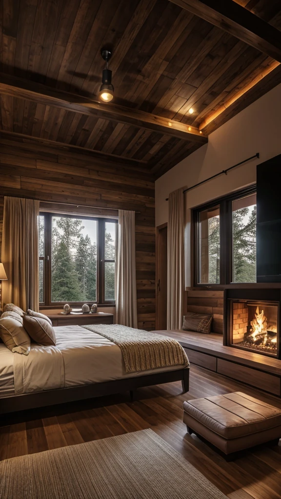 A cozy bedroom, window, fire place,