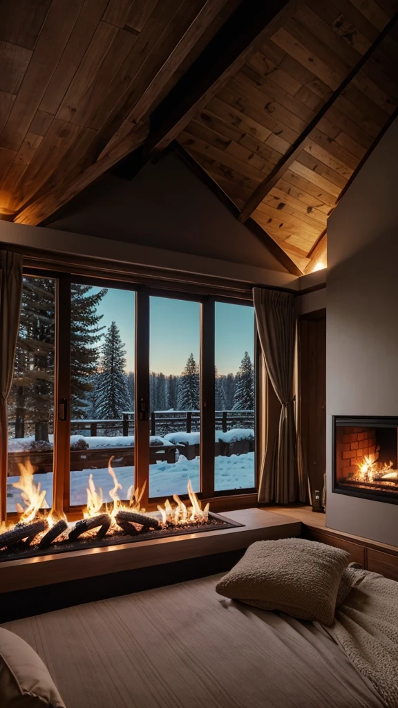 A cozy bedroom, window, fire place,