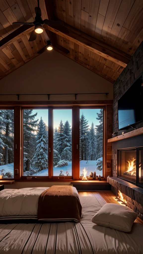 A cozy bedroom, window, fire place,