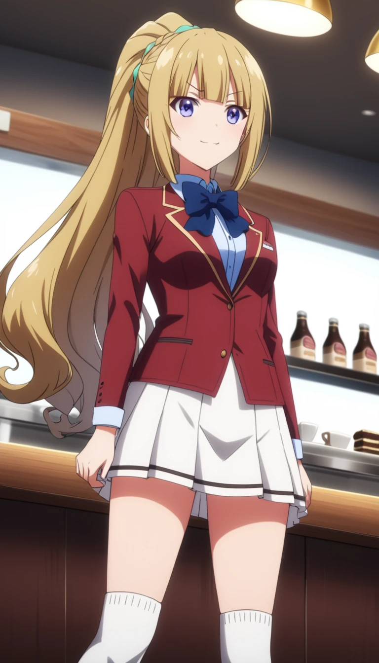 masterpiece, best quality, highres, ponytail hair, (single braid:1.2), hair ribbon, red blazer,buttoned blazer, blue bowtie, long sleeves, white skirt,knee socks,leather shoes,standing ,serious smile, looking below, from front, background cafe shop,score_9, score_8_up, score_7_up, score_6_up,source_anime 