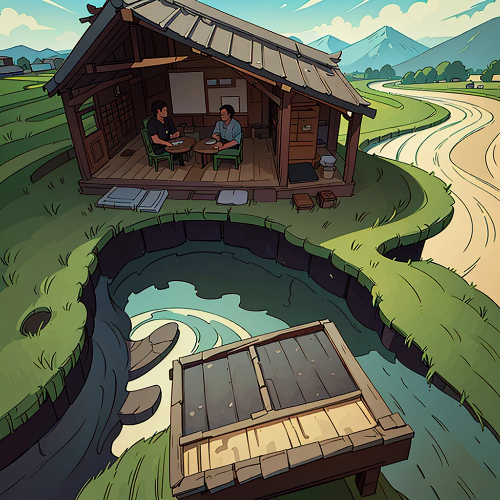 Two young men are studying with a grandfather in a joglo house with a backdrop of wide views of mountains and rice fields accompanied by a river