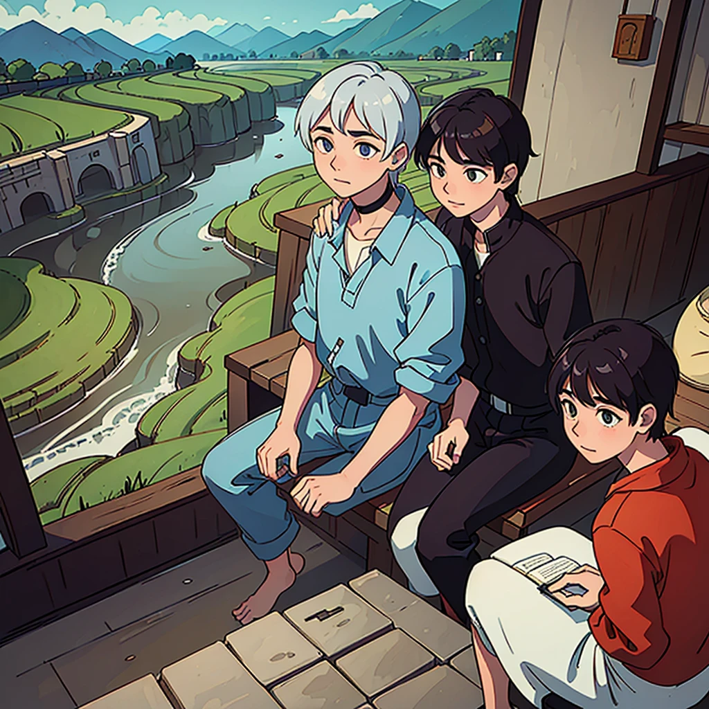Two young men are studying with a grandfather in a joglo house with a backdrop of wide views of mountains and rice fields accompanied by a river