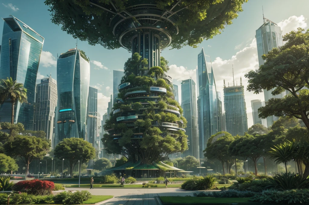 green futuristic city, park, eco plant, utopia, HDR, 4k resolution, tree, plant, skyscraper