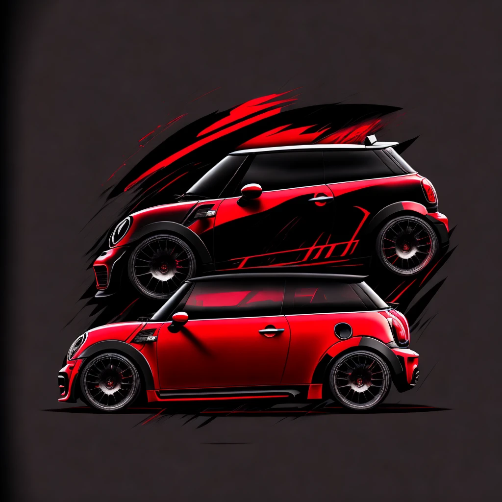 Art for t-shirt graphic design a modern graphic design Mini Cooper S JCW R53 glossy deep black and red, high quality details,