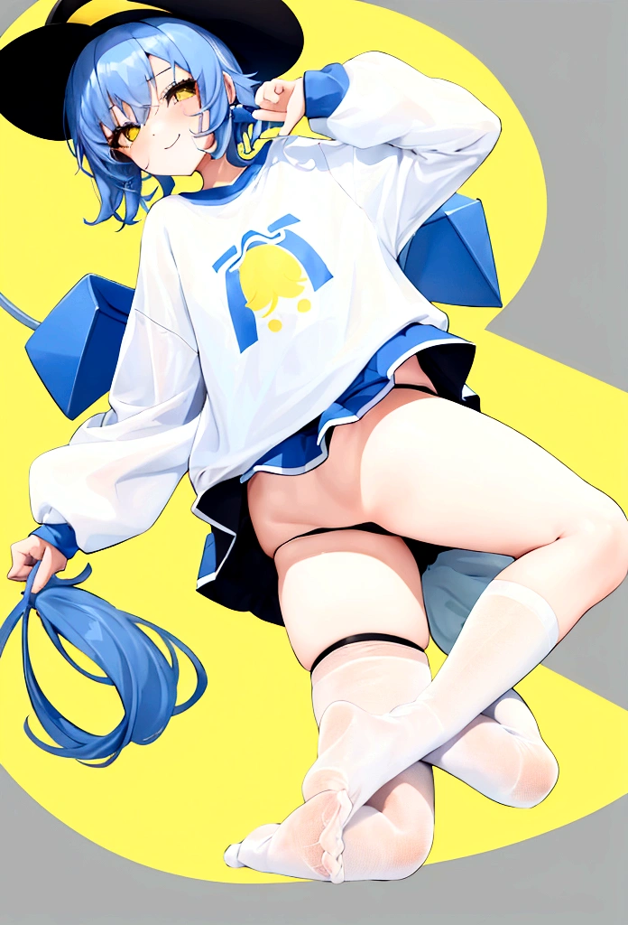 1girl, age, white long t-shirt, black stockings , no shoes, light blue medium hair, yellow hat, winking
