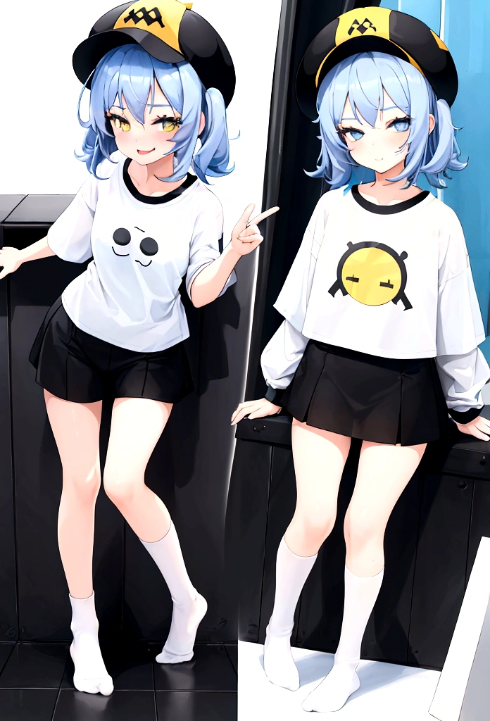 1girl, teenage, white long t-shirt, black stockings , no shoes, light blue medium hair, yellow hat, winking