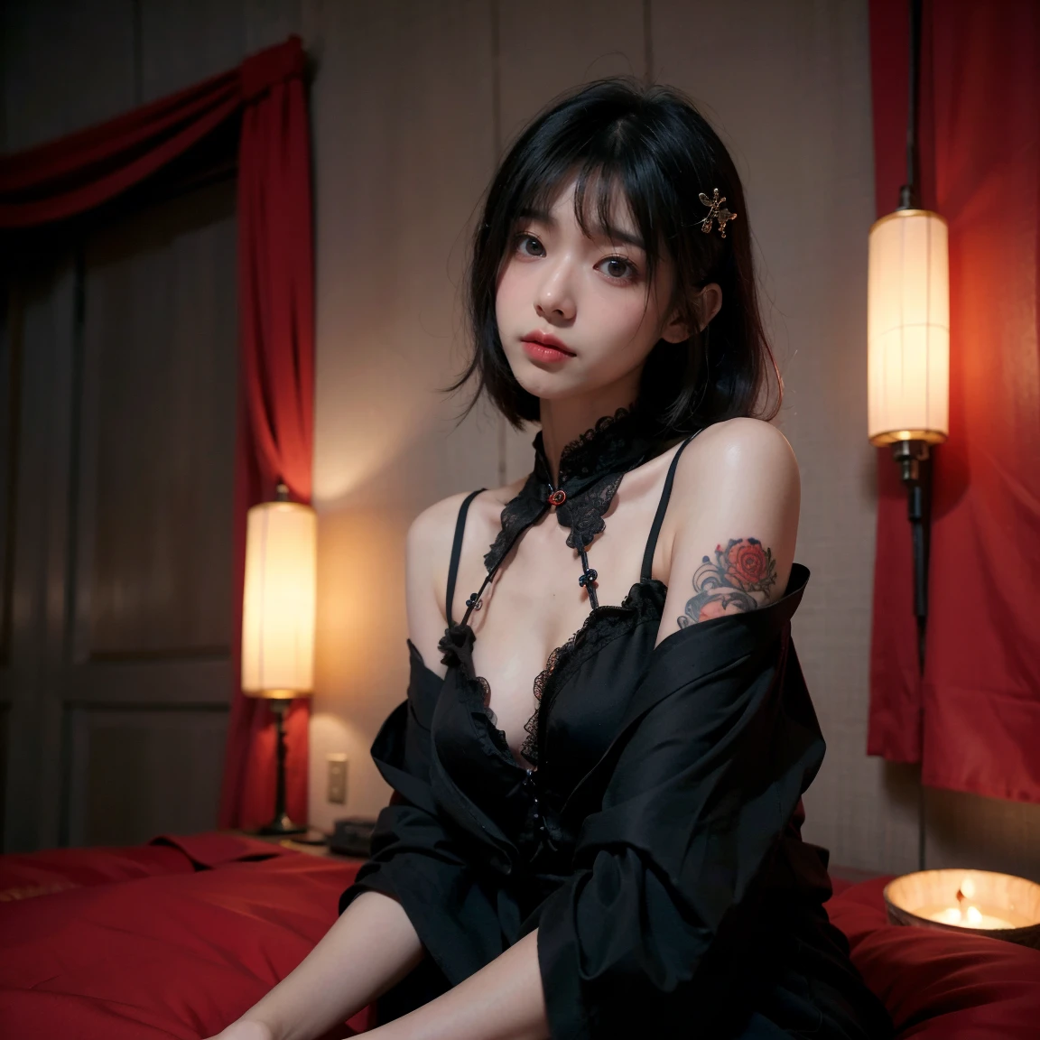 (night, Soft lighting, Highest quality, 8K, masterpiece, RAW Photos, Angle from below:1.3), Technoir, Smile mischievously, Artistically refined, Realistic visuals, Breathtaking beauty, Diffused, natural skin glow, Girl sitting and enjoying the view, 24-years-old, thin, Floating Medium Hair, bangs, (Black Chinese Dress:1.2), Candid, zwd, ,mysterious, Beautiful Girl Fantasy, Red colored eyes, , thin目, Symmetrical eyes, (Highlight Color Hair) , Super detailed, Intricate details, Highly detailed face and skin tones, The body is slim, Full Body Tattoo, Fine grain, Realistic, compensate, intellectual, Fascinating, Beautiful standing posture, Slim legs, Small breasts, Medieval European streets, nightの街