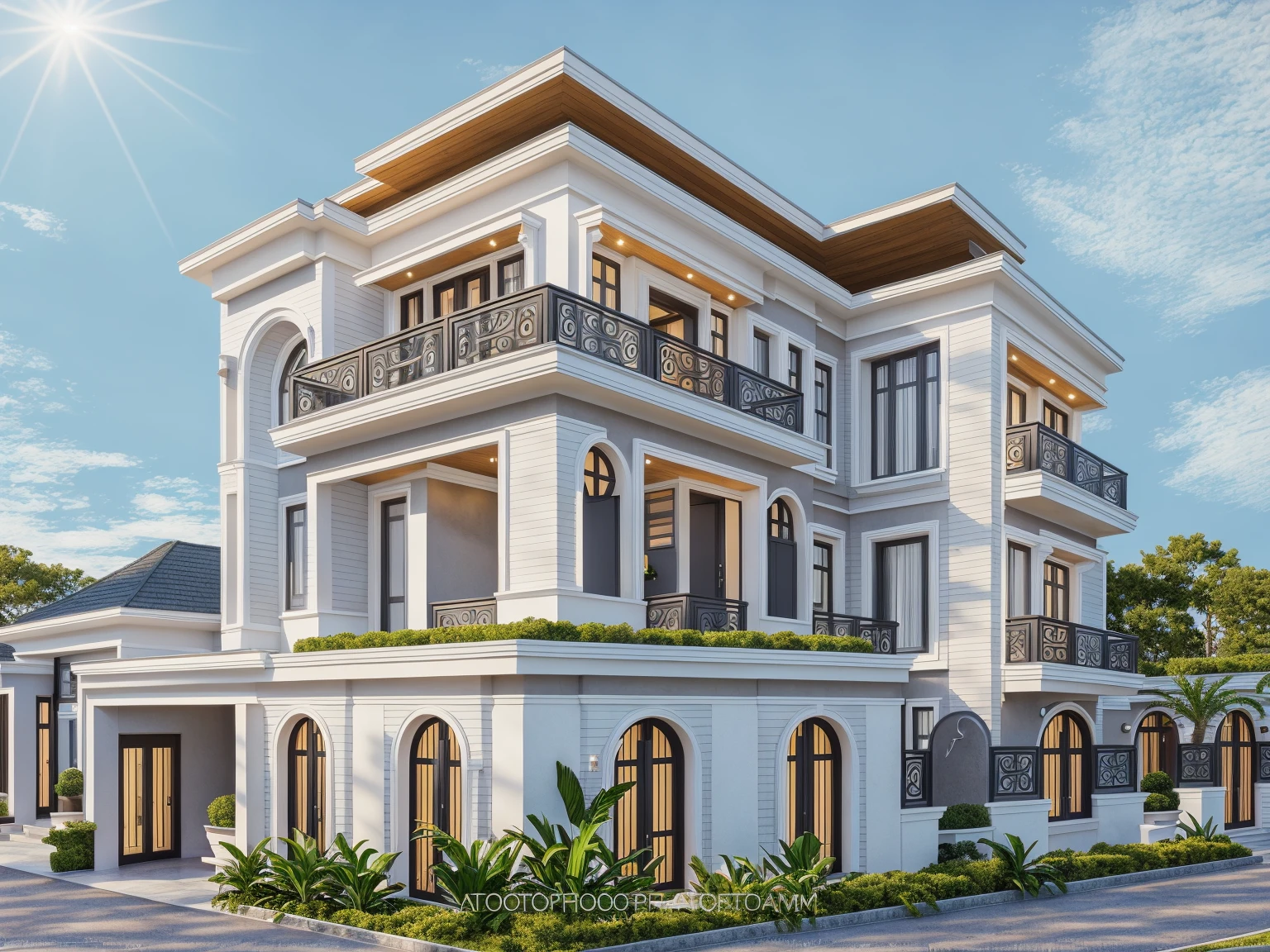 PLATFORM KTHOUSE, 1 morden villa, slope roof, main material of villa about Concrete Effect wall:1.4 and, and stone:1.2, many white collum:1.4, 1large yard, 1 road runs in front of the house, (RAW photo, real, best quality, masterpiece:1.2), look morden minimalist, 1 road in front of the house, dynamic lighting:1.3, (hyper realistic, photo-realistic:1.2), high quality, (dark lighting:1.2), perfect lighting, archdaily, no human, light at 12 noon, light in door:1.2