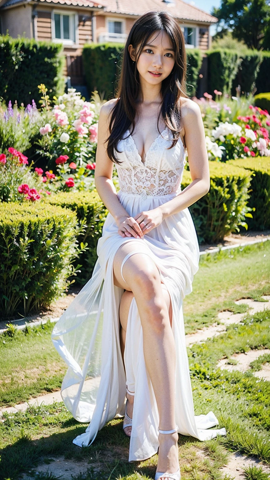 (8K、RAW Photos、Highest quality、masterpiece:1.2)、(Realistic、Realistic)、1 Girl、((Long dress、Sleeveless、Glamorous accessories、ribbon、See-through、smile、Black and Pink、Thin legs、whole body、boots、garden、View from the front、Looking into the camera、belt、Kneeling))、cute