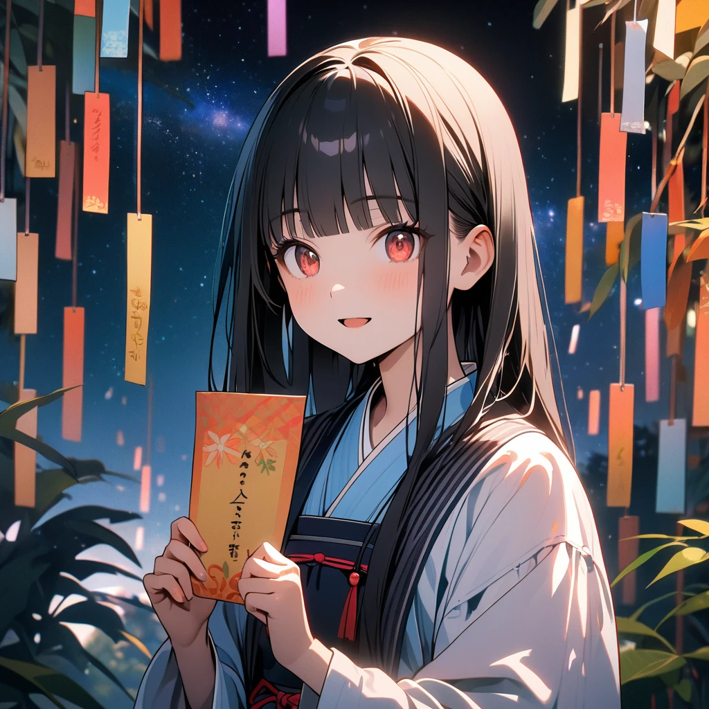 (8K, best quality, master piece: 1.2), super high resolution,1 girl,solo,16yo,ultra-detailed face,detailed eyes,red eyes,black hair,blunt bangs,Straight hair,Long hair,light smile, open mouth,Hanfu,The girl holding a wish paper with the Three "7" written on it,Tanabata Festival, Milky Way, night view, rim light,large tall bamboos and colorful hanging decoration