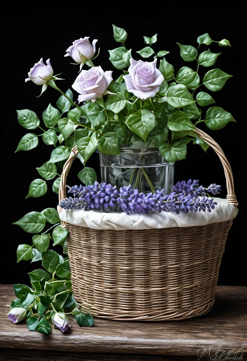 Watercolor lavender and white rose,
ivy,
floral small glass,
basket with flowers on box
background smout black
Watercolor,
trending on artstation,
sharp focus,
studio photo,
intricate details,
highly detailed,
by greg rutkowski