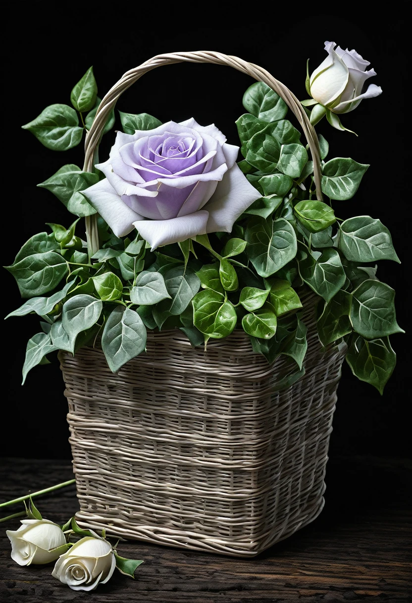 Watercolor lavender and white rose,
ivy,
floral small glass,
basket with flowers on box
background smout black
Watercolor,
trending on artstation,
sharp focus,
studio photo,
intricate details,
highly detailed,
by greg rutkowski