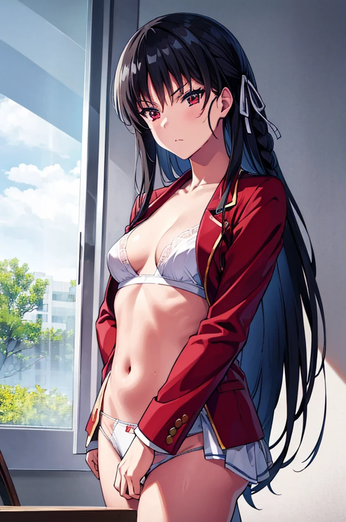 (nsfw)(masterpiece), Super detailed, High resolution, Best illustrations, Ultra-fine illustrations, (Official Art:1.2), (Anime screenshots:1.2), Beautiful face and eyes in every detail, Anime key visual, Perfect Anatomy, 8K Portrait,
One girl,
suzune horikita,
suzune horikita \(youjitsu\),
Long Hair, Braiding,
Black Hair,
(Red eyes:1.2), Slanted Eyes, Small eyes,
Blue ribbon,
Medium chest,
(,Red jacket, Black thigh-high socks),
BREAK Watch Viewers,
Cowboy Shot,
Perfect light,
Indoor Background, School building, ((White panties,undressing,))