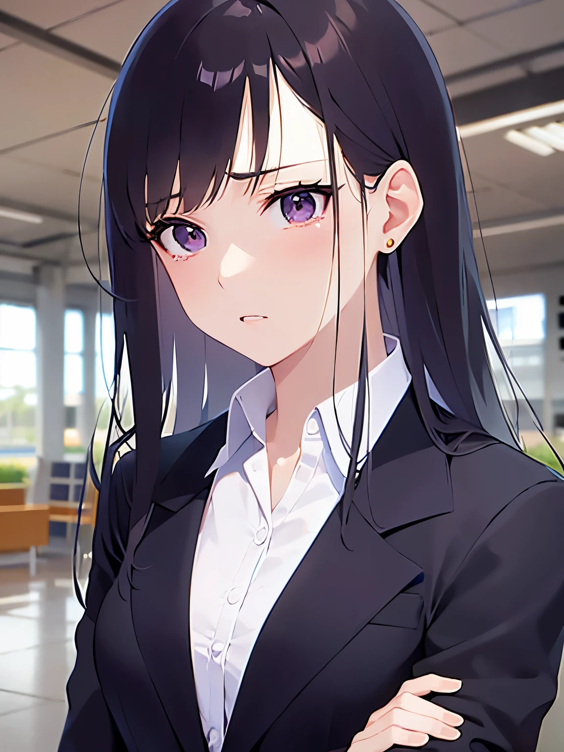 upper body、 (looking away1.5), Realistic, real person, (pale skin: 1.2), RAW photo, photorealistic, shiny skin, shiny hair、(A 25-year-old woman with straight hair and bangs) and (medium hair) and (black hair) and (purple eyes) , (business suit:1.5) and (white collared shirt)、(sad:1.5), (tears:1.1), open mouth, The background is a train station platform.、Alone、Are standing