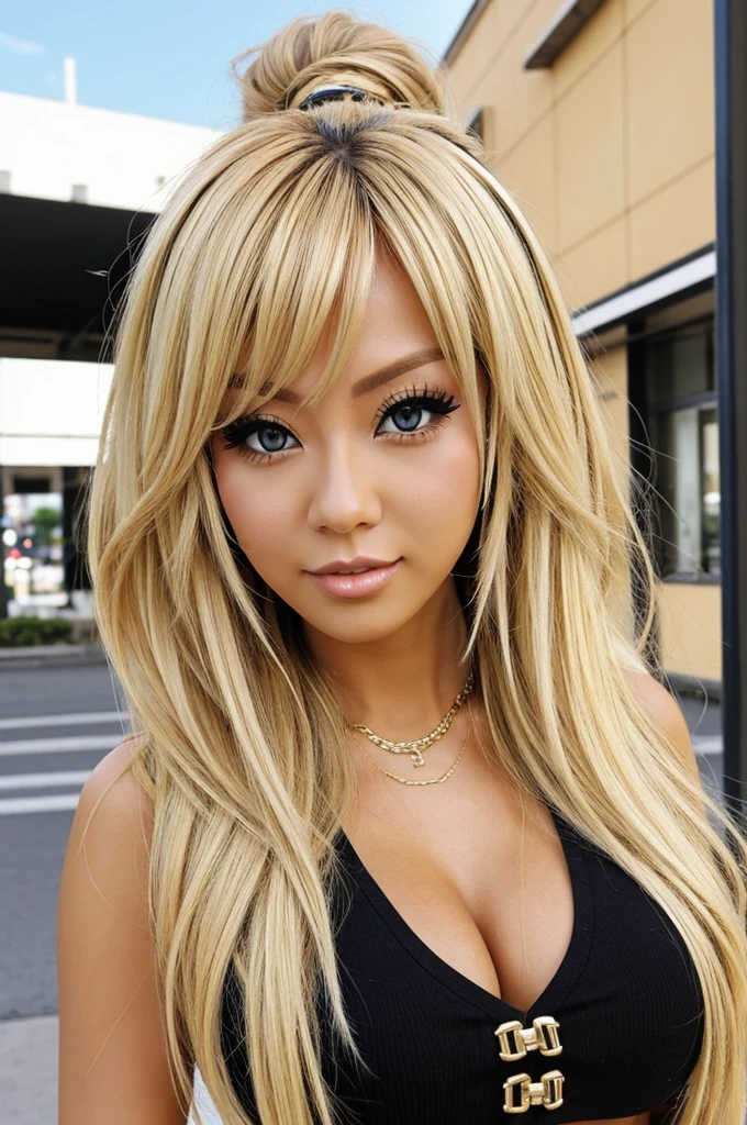 A blonde woman that has Gyaru Fashion. her fashion is Gyaru. A woman that is Gyaru.