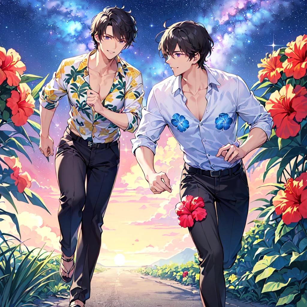 masterpiece,best quality,high quality,extremely detailed,(male austere handsome one solo adult age 30 years old:1.5),(purple eyes, cool with suspended eyes), body strong and fearless 8.5 head tall and 185cm tall,(well-groomed black hair short hair to neck:1.4), (bangs parted in 7 thirds:1.4), (pectoral and rectus abdominis:1.3), slender nose, facial muscles, (aloha shirt hibiscus print, half pants:1.3), (cool smile:1.3), (running:1.3), (stylish pose), (background tropical and Hibiscus:1.3) , (Milky Way Night Sky: 1.3)