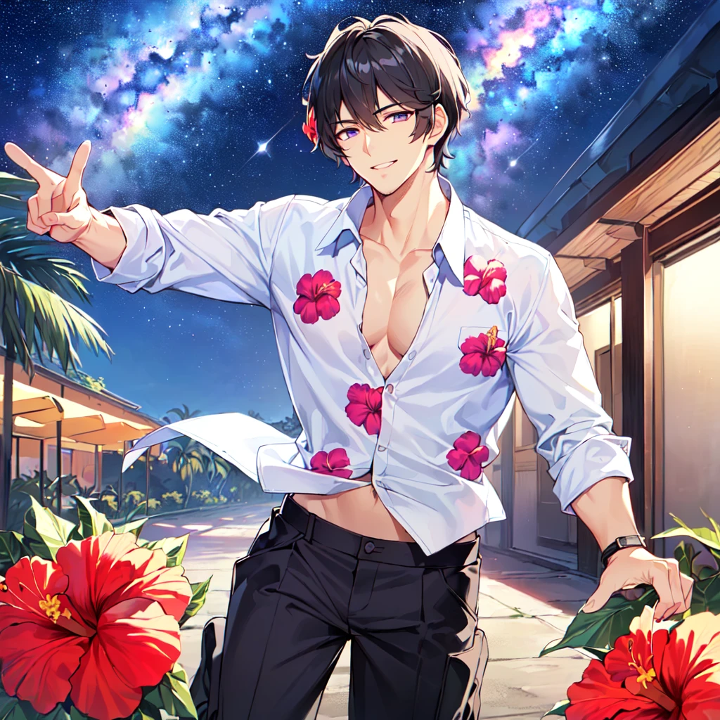masterpiece,best quality,high quality,extremely detailed,(male austere handsome one solo adult age 30 years old:1.5),(purple eyes, cool with suspended eyes), body strong and fearless 8.5 head tall and 185cm tall,(well-groomed black hair short hair to neck:1.4), (bangs parted in 7 thirds:1.4), (pectoral and rectus abdominis:1.3), slender nose, facial muscles, (aloha shirt hibiscus print, half pants:1.3), (cool smile:1.3), (running:1.3), (stylish pose), (background tropical and Hibiscus:1.3) , (Milky Way Night Sky: 1.3)