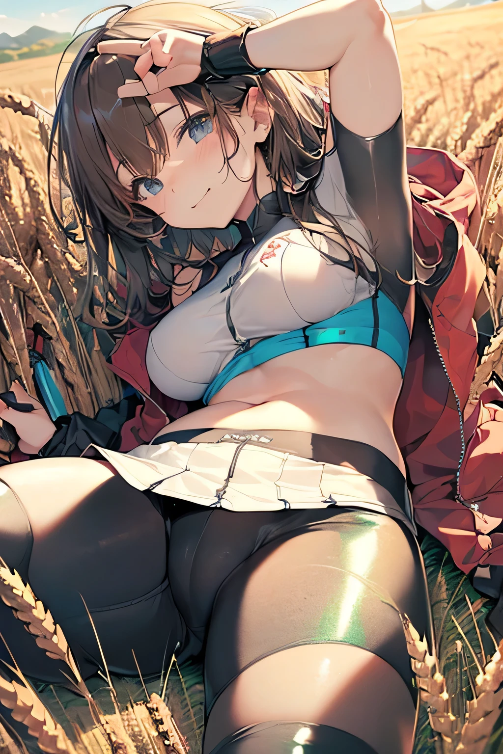 (((Perfect photo))), One Girl, alone, , Azusa Nakano, , Jacket, View your viewers, smile、((濡れたBetween the legs)), SFW with hidden breasts, Big ample breasts!, SFW Big, Beautiful and seductive anime woman, Big ample breasts!!, Bust ratio adopted, Highest quality, Official Art, Best Anatomy, ((Super shiny bike shorts,:1.5))、Glowing Skin、Cowboy Shot, (From belowの超クローズアップ)、(((From below、Between the legs,Focus the head, chest and legs in the center of the screen.:1.8)))、Ultra gloss body paint、(((Lie on your back in a wheat field)))