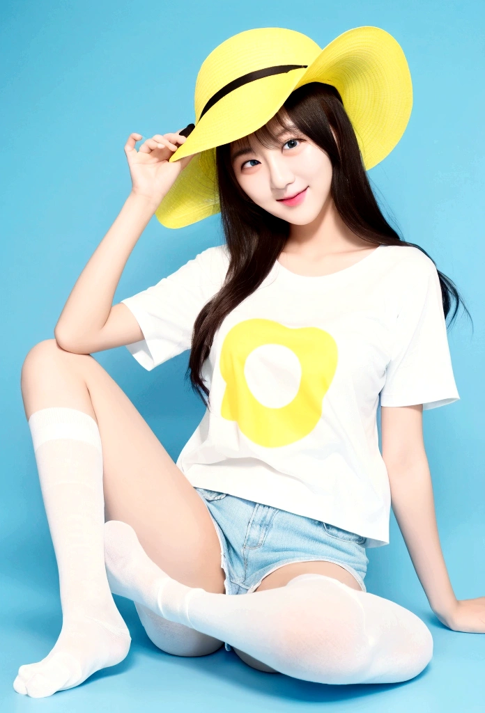1girl, age, white long t-shirt, black stockings , no shoes, light blue medium hair, yellow hat, winking