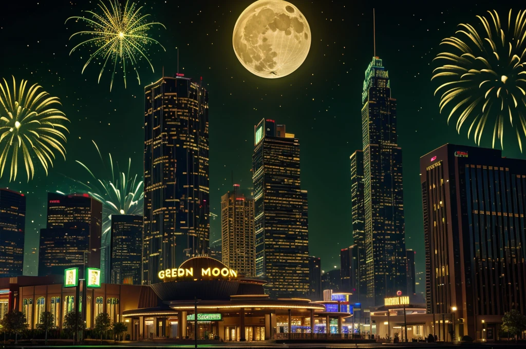 green casino, night, downtown, HDR, 4k resolution, golden moon, firework, modern architecture, slot machine, indoor