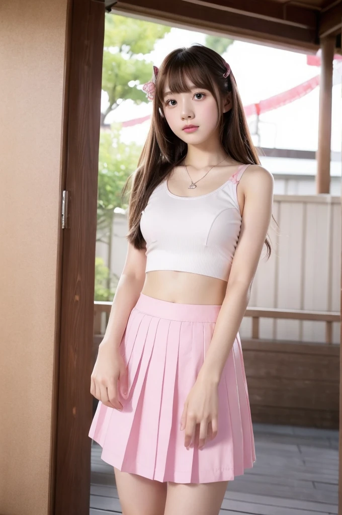 Pink Skirt，Blue and white underwear, topless, , Light red, , A cute and vivid skirt,  Straight bangs, Medium Hair、Shrine maiden, Japanese high school girl like in the photo,　Pale-skinned girl, , , necklace, ************, , , ,, 8K, , Plain eyes、, realistic breasts, , realistic girl, beautiful girl、kawaii junior high school student、I am studying, Brown Hair、Cheerleader、ribbon、, ｱｲﾄﾞﾙｽﾃｰｼﾞ, 