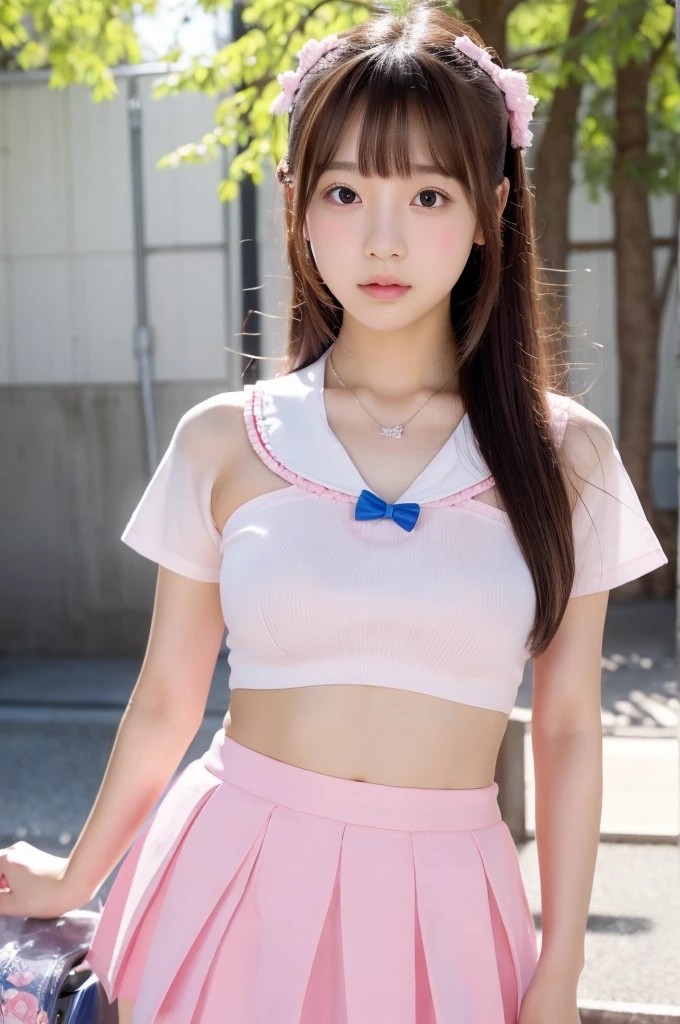 （8K、Raw photography、highest quality、masterpiece：1.2),(black haired、very short hair:1.8),(twin mitsu braid:1.4)、show viewer,Looking at the front,erotic,白いskin,(Wearing a shiny pink ranger outfit:1.8)、()、(Clothing that emphasizes the shape of your chest、publish one&#39;skin:1.6)、(big breasts :1.5)、slim body shape、ultra high resolution,beautiful,beautiful fece,(alone、no background:1.9),whole bodyボディー,japanese woman,（Photoreal：1.37）、photon mapping,reality、(-face cute: 1.5)、(cute smile: 1.7)、(With a round face: 1.7)、radio city、Physically based rendering、depth of field rally background、photograph, (I can see your knees、too short skirt、I can see white panties、close up of thighs:1.8),whole body、super fine