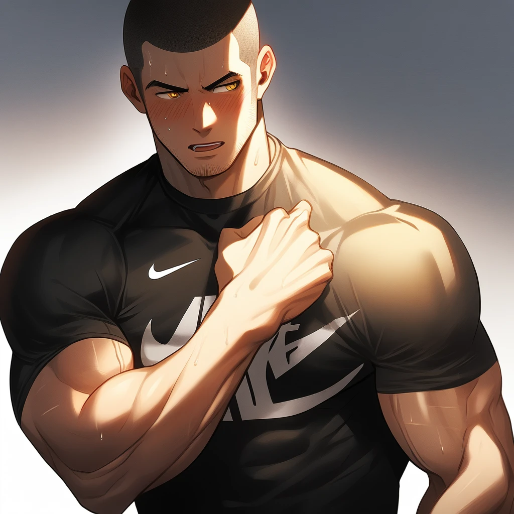 1muscular sportsman, Athlete,male focus, Buzz Cut, Yellow and black tight T-shirt, nike logo,Very tight, muscular male, muscular, only, Upper body, alone, look to the side, short hair, stubble, sweat, black hair, Yellow eyes, open lips, White background, simple background, amazing quality, best aesthetics, Ridiculous, crew cut, moaning, blush, clair obscur, cinematic lighting, best quality, textured skin