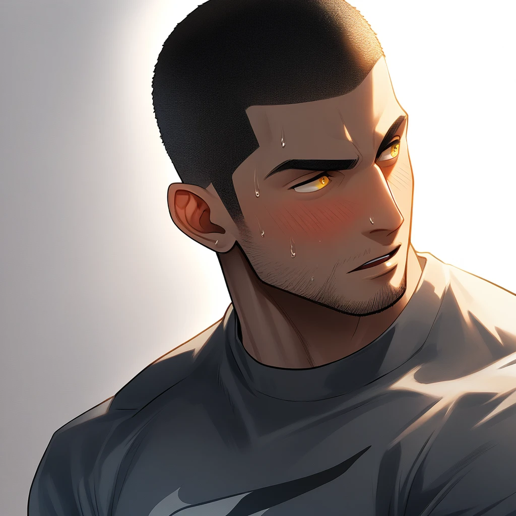1muscular sportsman, Athlete,male focus, Buzz Cut, Yellow and black tight T-shirt, nike logo,Very tight, muscular male, muscular, only, Upper body, alone, look to the side, short hair, stubble, sweat, black hair, Yellow eyes, open lips, White background, simple background, amazing quality, best aesthetics, Ridiculous, crew cut, moaning, blush, clair obscur, cinematic lighting, best quality, textured skin
