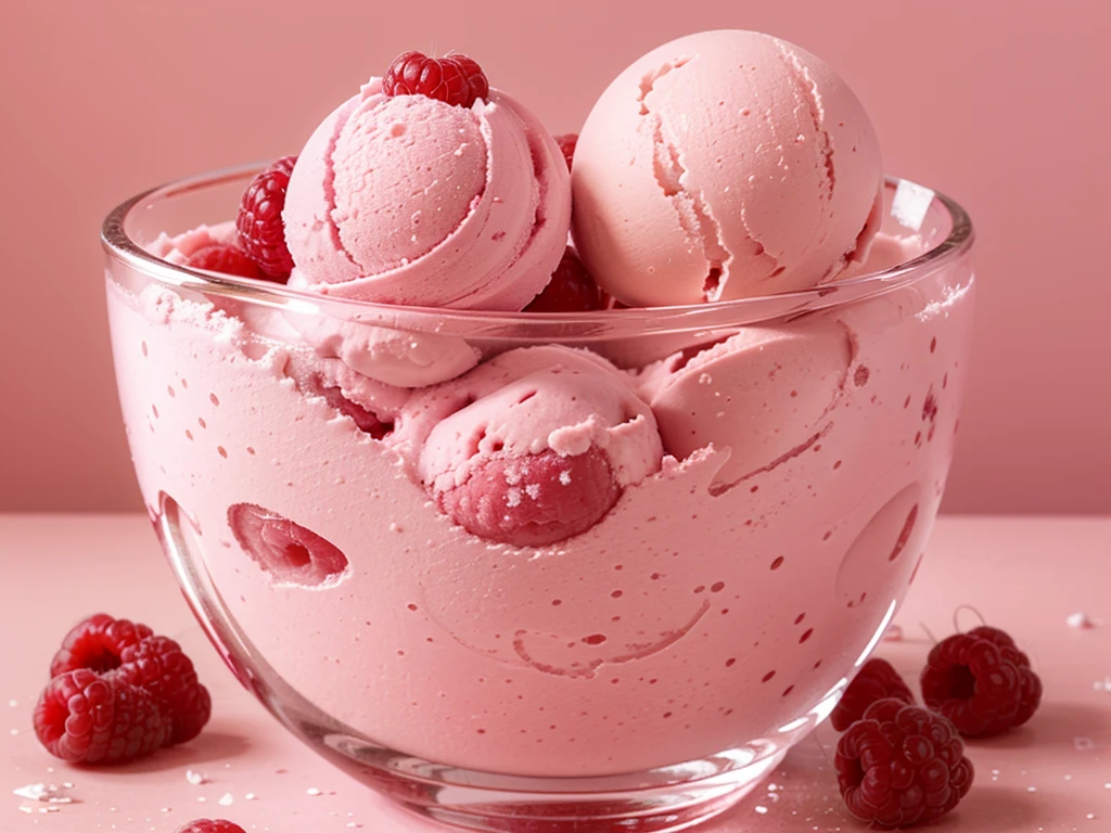 fresh raspberry style ice cream,pink background,in glass cup,some raspberrys on the ice cream