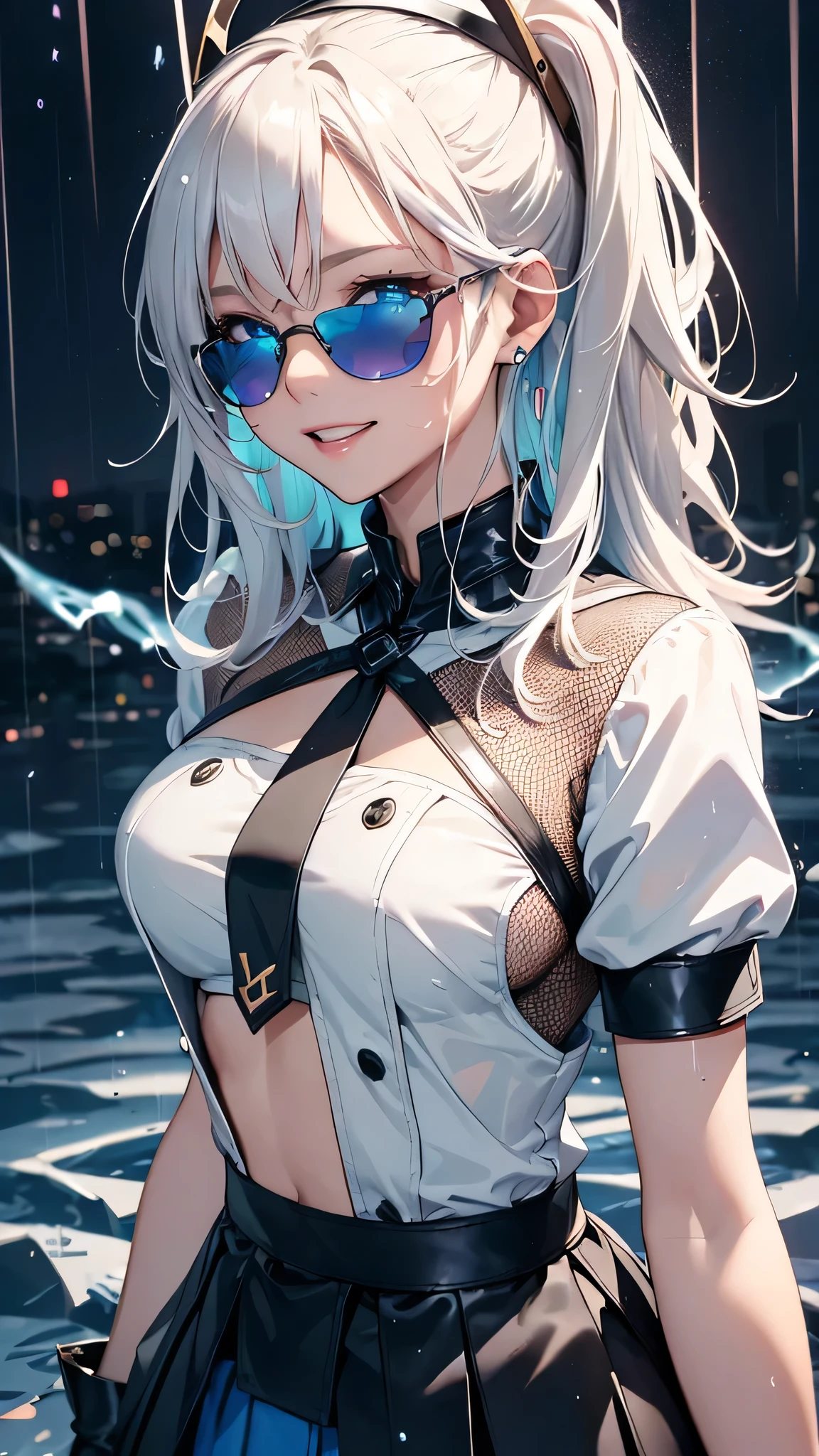 最high quality、Best image quality、masterpiece、With a girl((cute、15 years old、Best Bust、Medium Bust、Bust 85,Beautiful Blue Eyes、Spread your chest wide,Blonde lointail、Slender、The best valley、、Black Bikini、,Show the whole body、Black perforated gloves,Blue Mesh,Leaning forward greatly、Blue Sports Sunglasses、Blue Intercom,Sweating profusely、Face Paint、Grin、Holding a spray can)）high quality、Beautiful art、background((Night City、heavy rain、thunder)),Tabletop、Exquisite design、Visual Arts、Depth of written boundary、Best lighting、Highest detail、8ｋ