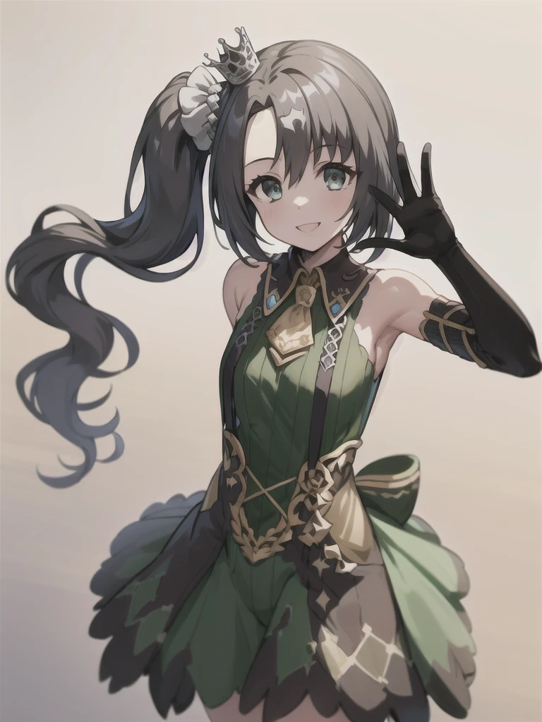 (masterpiece, best quality:1.2), solo, 1girl, satonocrown, smile, looking at viewer, waving, side ponytail, horse ears, ((nude, elbow gloves)), horse tail
