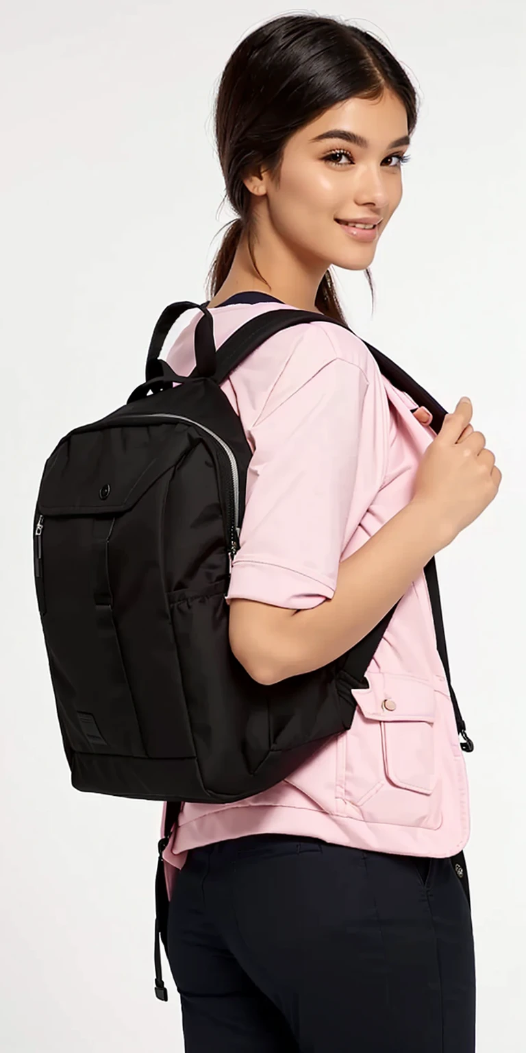 a woman in a pink shirt and black schoolbag posing for a picture, schoolbag, with a schoolbag, school if, ifs, a schoolbag, with two front pockets, remote control disco schoolbag, a man wearing a schoolbag, if, the man have a schoolbag, Puffer coat, fashionable, wearing strawberry schoolbag, item, facing backwards, small, back view
